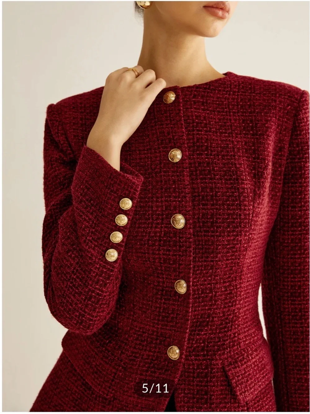Commense Burgundy Button Down Slit Tweed Blazer - Picture 3 of 11